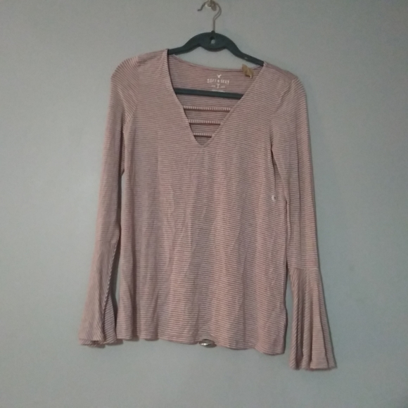 American Eagle Soft and Sexy Mauve and White Striped Bell Sleeve Shirt Small - Picture 2 of 11
